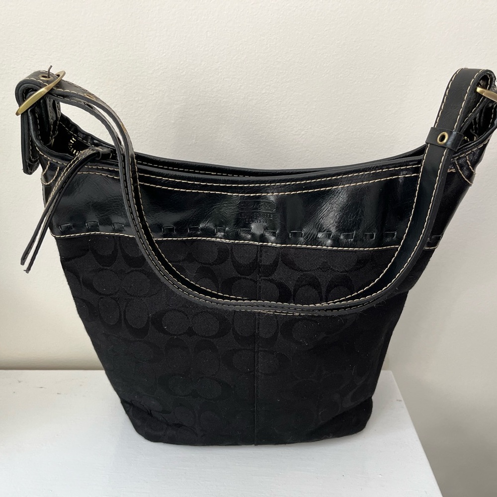 Vintage 2005 Y2K Coach Black Signature Canvas Shoulder Bag with Leather Trim